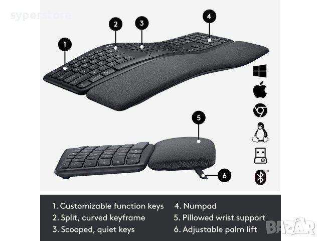 Клавиатура Безжична Logitech ERGO K860 US INTL 920-010108 Eргономична с мека подложка за китки, снимка 8 - Клавиатури и мишки - 42043385