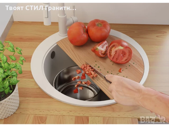 Бяла кръгла кухненска гранитна мивка Пиза 50 Top 530 x 530 мм, снимка 4 - Мивки - 51286320