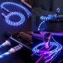 Универсален светещ троен кабел с накрайници за iPhone, TYPE C и microUSB. , снимка 1