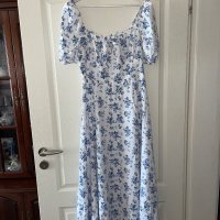 Нова елегантна ежедневна романтична дълга бяла рокля нежни сини полски цветя цепка буфан ръкав к, снимка 11 - Рокли - 42540684