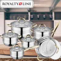 Комплект тенджери и тиган Royalty Line RL-1231G, 12ч.,16К/16/18/ 20/24/24Tсм., Индукция, Инокс, Злат, снимка 2 - Съдове за готвене - 44167010