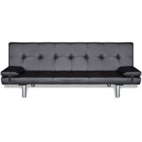 Разтегателен диван с две възглавници, изкуствена кожа, черен, снимка 4 - Дивани и мека мебел - 41534068