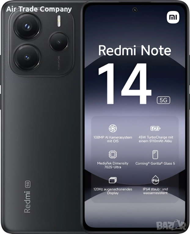 Смартфон Xiaomi Redmi Note 14 5G, 6GB/128GB, черен, снимка 1