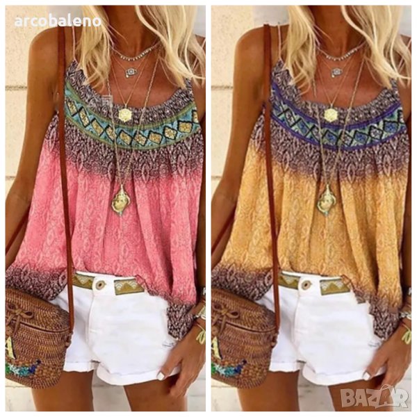 Дамски едноцветен топ с ярък цветен принт и деколте, 2цвята , снимка 1
