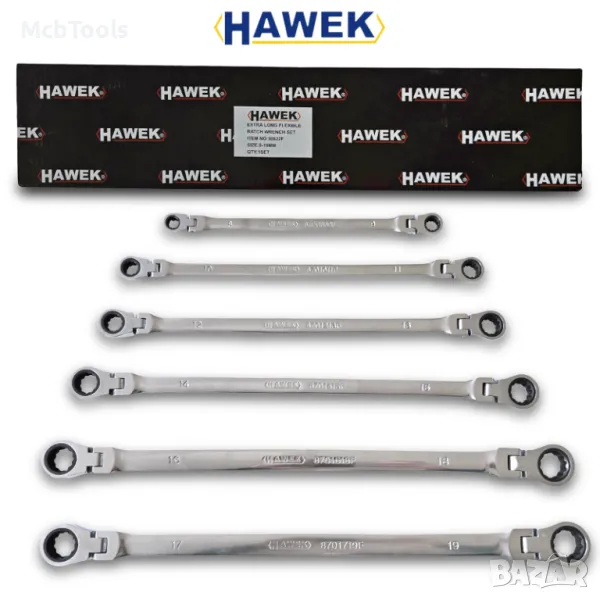 Удължени подвижни ключове звезди с тресчотка 8-19мм HAWEK, снимка 1
