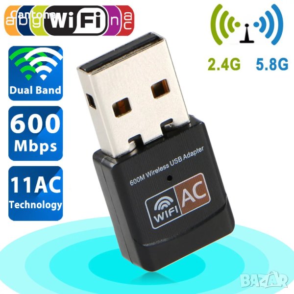 USB Wifi адаптер 600Mbps Dual Band 2.4G/5GHz, безжичен мрежов адаптер Mini WiFi Dongle, снимка 1