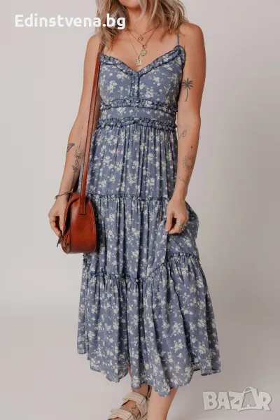 Дамска дълга рокля в синьо с флорален принт, снимка 1