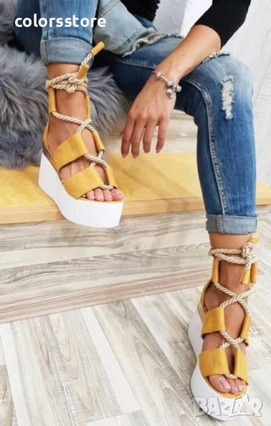 Сандали на платформа - жълт велур - 311, снимка 1