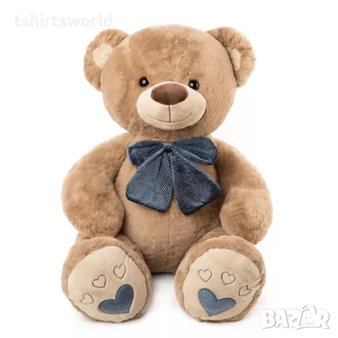 Ново плюшено бежово Мече със синя панделка и сърчица, 60см