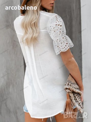 Дамска едноредна риза с дантелени буф ръкави, 2цвята - 023, снимка 4 - Ризи - 40339019