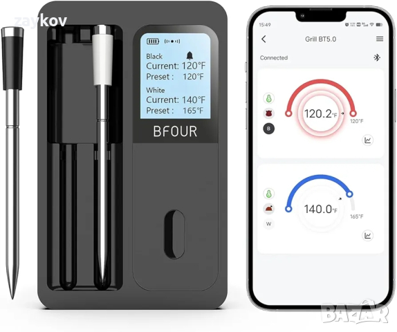 BFOUR Безжичен термометър за месо с 2 сонди за месо, Интелигентен безжичен Bluetooth