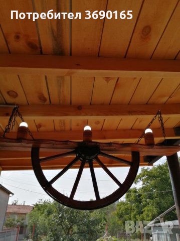 Рафт лампа с автентични реставрирани колела от каруца с дървени чашки , снимка 4 - Лампи за стена - 40281426