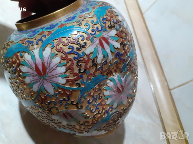 Cloisonne Клоазоне стара ваза буркан бронз клетъчен емайл, снимка 6 - Антикварни и старинни предмети - 53357585