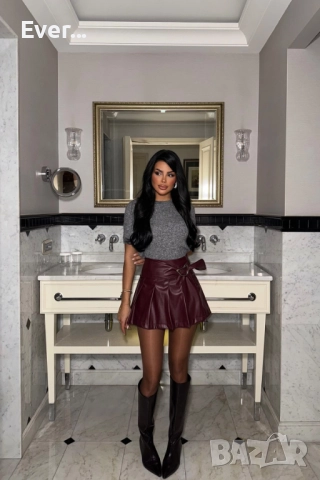 Кожена пола в бордо с колначе, снимка 4 - Поли - 52907044