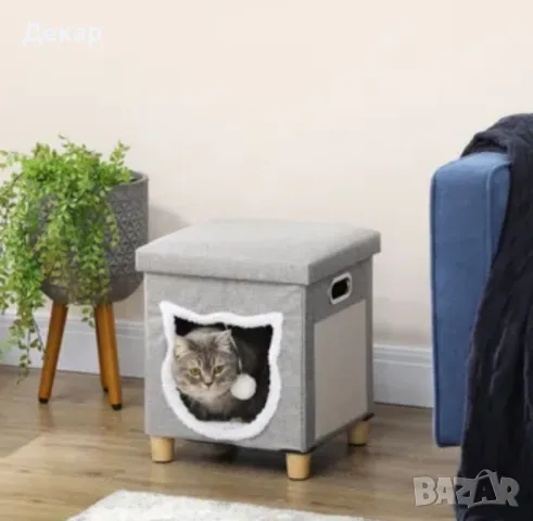 Котешка къща PawHut Сив MDF, синтетичен лен (100% полиестер), плюш и сизал , снимка 4 - За котки - 48494023