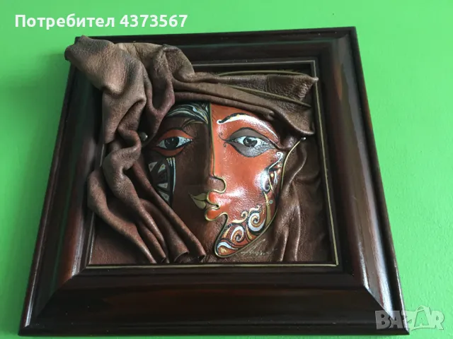 Пано от кожа  „ Маска“ , художник : Огнян Андреев ,техника: кожа и акрил, снимка 2 - Пана - 49299642