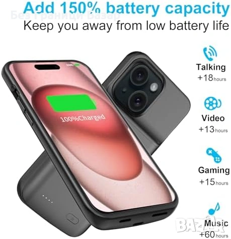 Нов Калъф батерия 7000mAh за iPhone 15 6.1" + протектор, черен кейс Айфон, снимка 3 - Калъфи, кейсове - 53533096