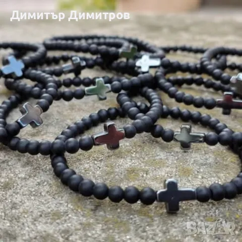 Мъжки гривни с кръст от хематит и оникс. Бижута Луди гъби., снимка 2 - Гривни - 50189061