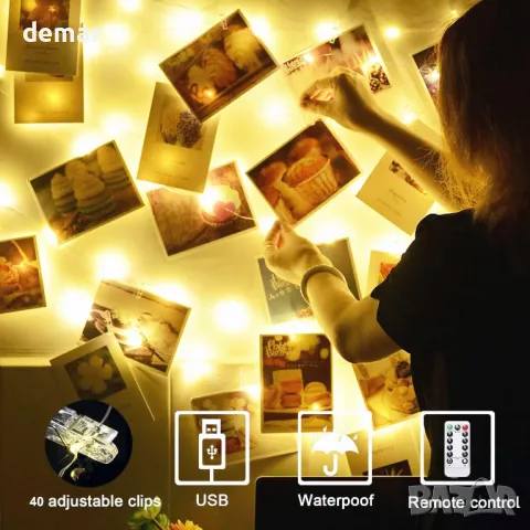 Феерични лампички, 2 броя по 12 метра/120 LED и 40 щипки, дистанционно, таймер, USB захранване, снимка 2 - Декорация за дома - 49906356