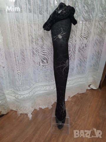 М Черен чорапогащник с паяци от сребрист брокат, снимка 6 - Бельо - 39496390