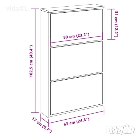 vidaXL Шкаф за обувки с огледало, 3-слоен, бял, висок гланц, 63x17x102,5 см, снимка 8 - Шкафове - 56147079