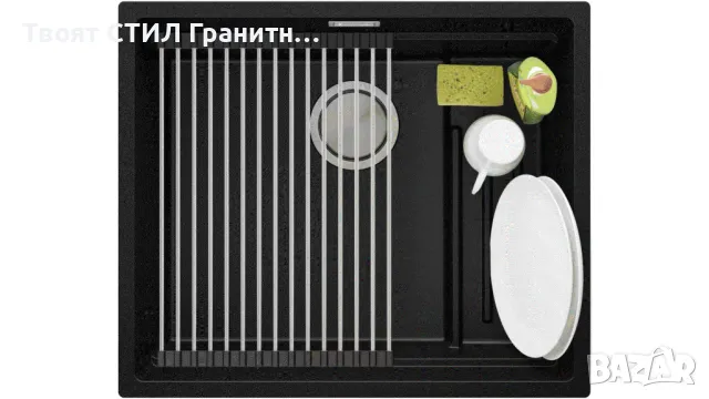Черна гранитна мивка за вграждане под плот Прага 60 Level 560 x 470 мм, снимка 5 - Мивки - 48751817