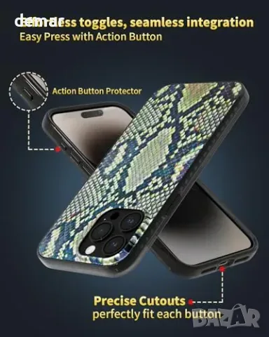 Калъф SCORPIFY за iPhone 15 Pro Max с MagSafe и маслиненозелен змийски принт, снимка 7 - Други стоки за дома - 56228537