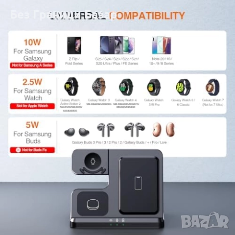 Ново Samsung 3 in 1 зарядно: телефон, часовник, слушалки + USB кабел, снимка 2 - Друга електроника - 51500111