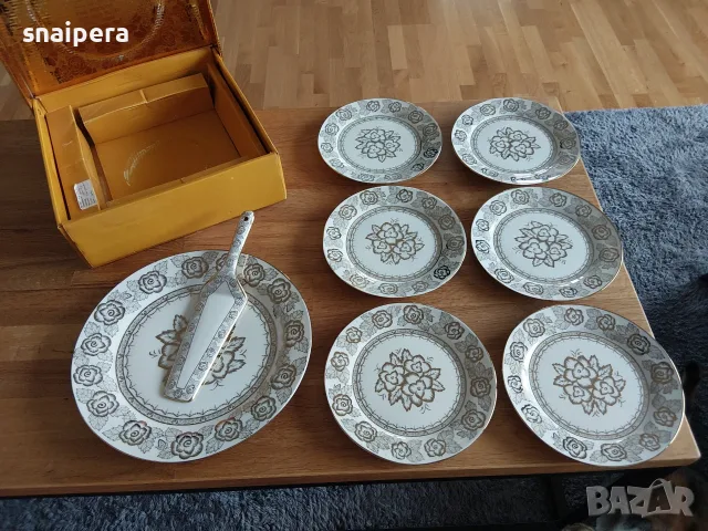 YAMASEN - Японски порцеланов сервиз за торта позлатен с 24 каратово злато, снимка 3 - Сервизи - 56168167