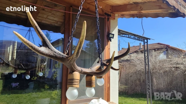 Ръчно изработен полилей от рога с ръчно изработени дървени чашки , снимка 4 - Полилеи - 53781835
