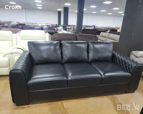 Черен кожен диван голяма тройка, снимка 11 - Дивани и мека мебел - 41534246