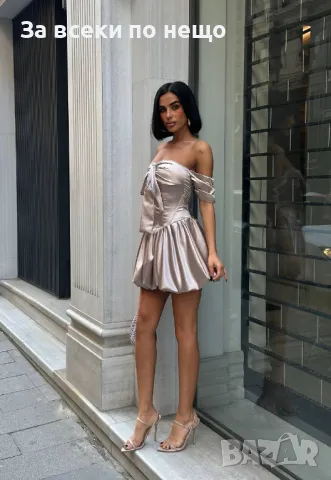 Дамска Сатенена Къса Рокля С Паднали Ръкави - 2 Налични Цвята Код LFS466, снимка 3 - Рокли - 50245609