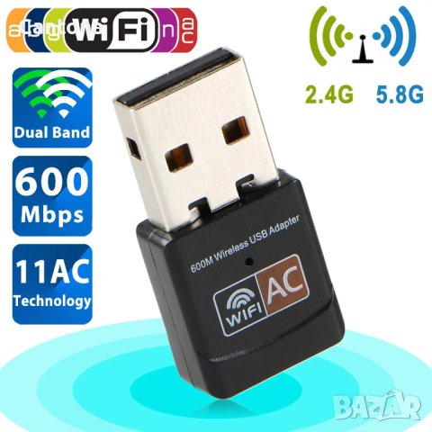 USB Wifi адаптер 600Mbps Dual Band 2.4G/5GHz, безжичен мрежов адаптер Mini WiFi Dongle, снимка 1 - Мрежови адаптери - 40257744