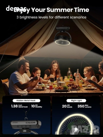 Warmco 30000mAh 30W преносим настолен вентилатор с LED светлина, черен, снимка 6 - Други стоки за дома - 53647204