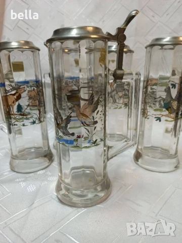 Немски стари стъклени масивни халби 5 броя с животни ,доста масивни 23 см височина., снимка 2 - Антикварни и старинни предмети - 50590492