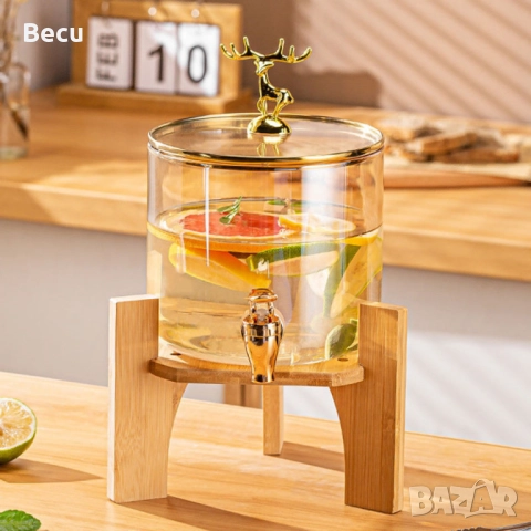 Голям диспенсър за напитки 8L с дървена стойка и златист кран, снимка 1