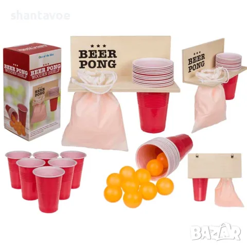 Игра на Beer Pong с дървена поставка и торбичка за топчета