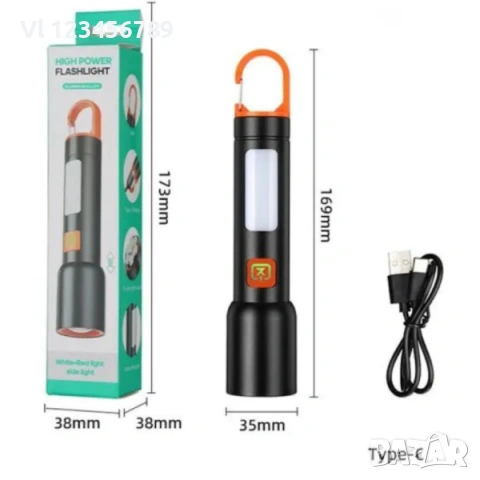 Акумулаторен LED фенер, висока яркост,USB Type-C, с карабинер FS-22105, снимка 6 - Къмпинг осветление - 53435267