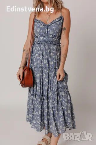 Дамска дълга рокля в синьо с флорален принт, снимка 1