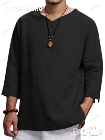 Ликвидация! Мъжка широка памучна ленена риза с V деколте и дълъг ръкав, 4цвята - Доставка 24 часа , снимка 3 - Ризи - 44838751