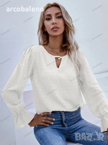 Дамска едноцветна риза с кръгло деколте и дълъг ръкав на точки, 3цвята , снимка 13 - Ризи - 39922661