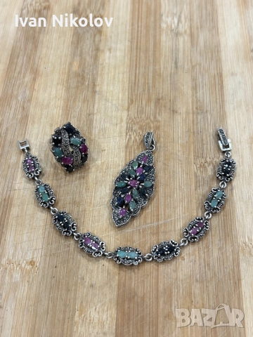 Невероятен дамски сребърен комплект с естествени камъни Арт деко, снимка 3 - Колиета, медальони, синджири - 52203875