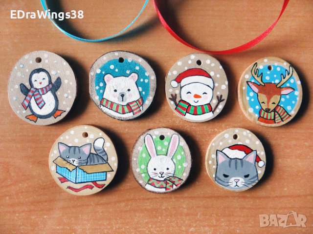 Дървени коледни играчки Ръчно рисувани Украса за елха, снимка 7 - Коледни подаръци - 27273229