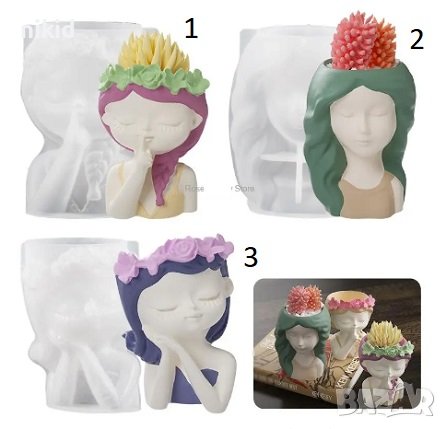 3D момиче с цветя ваза кашпа силиконов молд форма гипс смола 