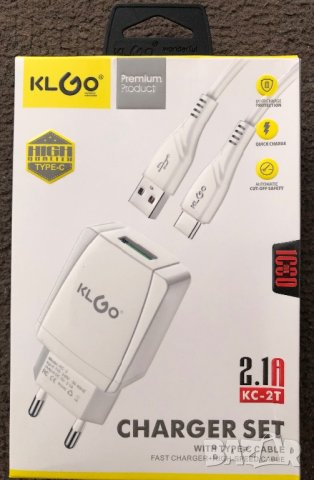 Android зарядно и кабел Type C KLGO KC-2T, висок клас