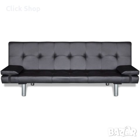 Разтегателен диван с две възглавници, изкуствена кожа, черен, снимка 4 - Дивани и мека мебел - 41534068