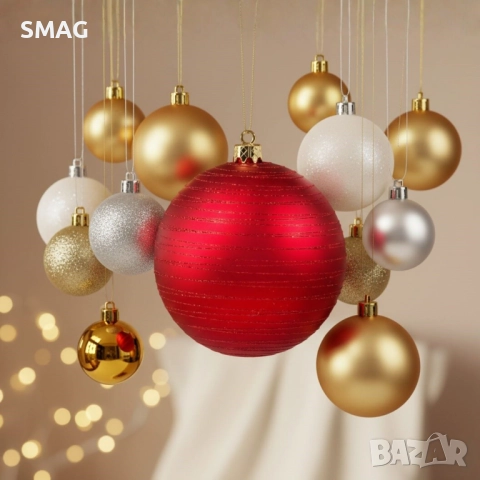 Коледна топка червена матова с брокат Ø15 см_1083027, снимка 2 - Други - 52354421