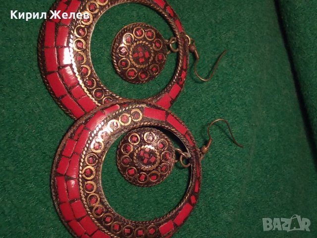 СТАРИ ОБЕЦИ РЪЧНО ИНКРУСТИРАН ЧЕРВЕН КОРАЛ БРОНЗОВИ ОСМАНСКИ ОБЕЦИ КОВАНИ 2523, снимка 9 - Обеци - 30469059