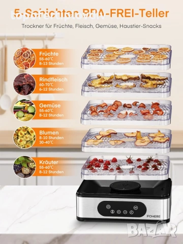 Дехидрататор за плодове и зеленчуци FOHERE, Гаранция, снимка 6 - Други - 53645830