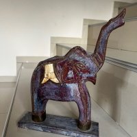 Дървена статуетка слон със седеф и месинг, снимка 1 - Статуетки - 42690717